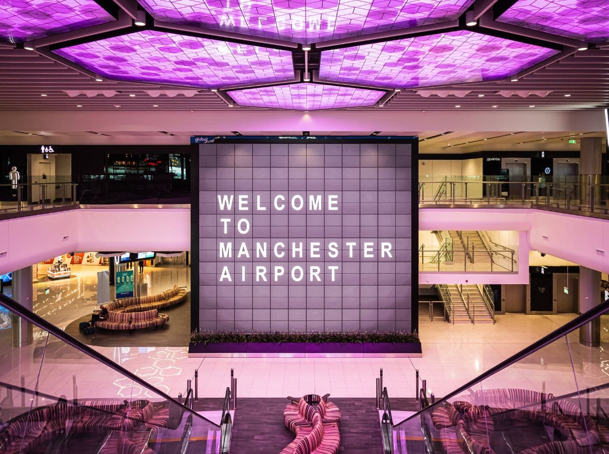 The check-in concourse at Manchester Airport Terminal 2.